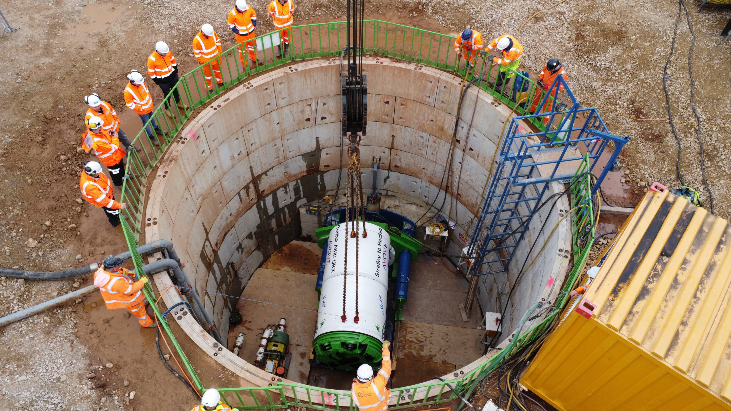 Tunnel boring machine lowered at Severn Trent Strelley-Redhill pipeline site.